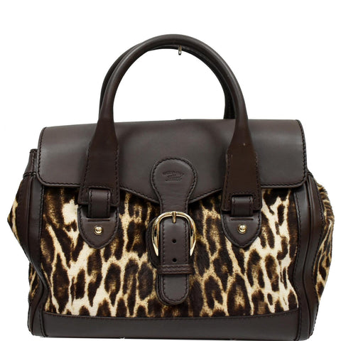 GUCCI Heritage Medium Pony Hair Leopard Print Leather Boston Bag Brown