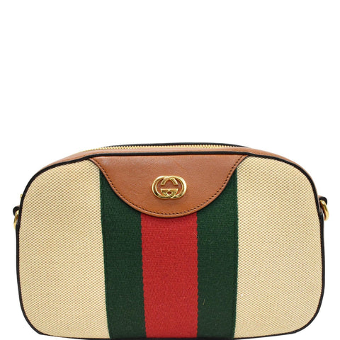 GUCCI Vintage Web Canvas Shoulder Bag Beige 575073