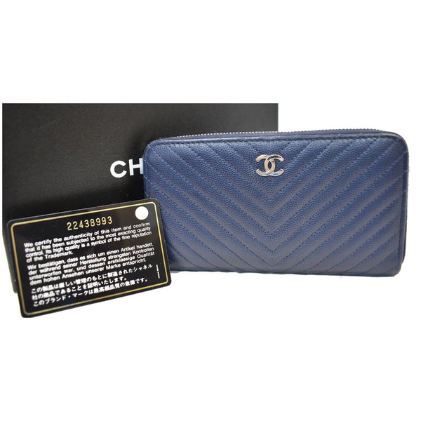 CHANEL Large Gusset Caviar Chevron Quilted Zip Around Wallet Bright Blue