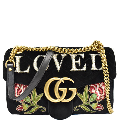 GUCCI Blind For Love Marmont Embroidered Velvet Shoulder Bag Black 443496