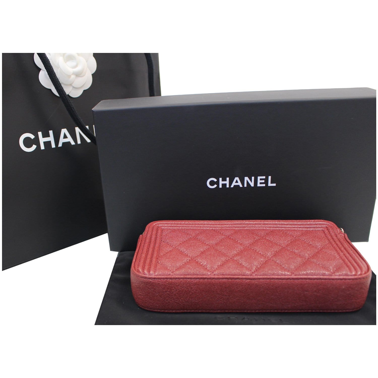 CHANEL Small Boy Caviar Quilted Clutch With Chain Shoulder Bag Red