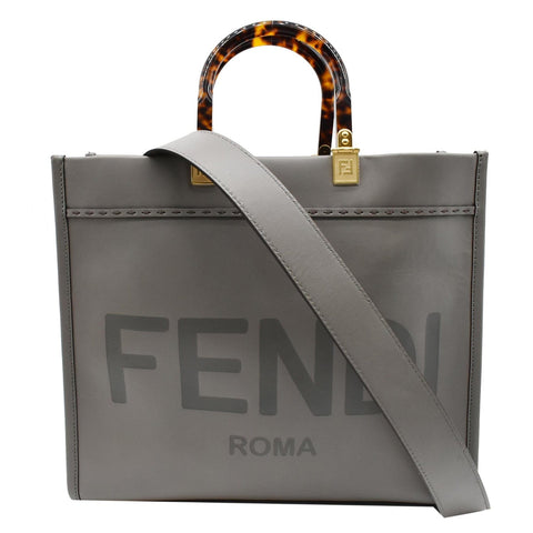 FENDI Sunshine Plexiglass Medium Leather Shopper Tote Bag Gray