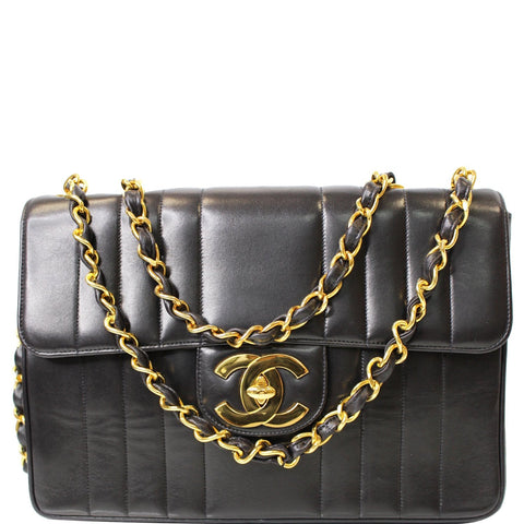 CHANEL Vintage Classic Jumbo Single Flap Vertical Lambskin Shoulder Bag Black