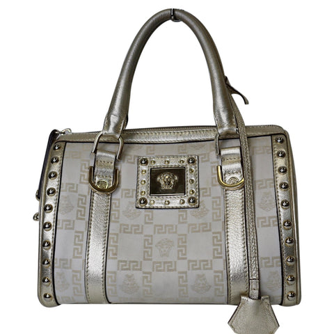 VERSACE Snap Out Of It Medusa Jacquard Boston Handbag Silver