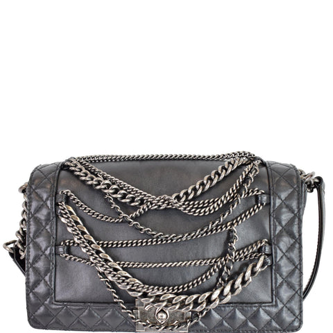 CHANEL Boy Enchained Medium Calfskin Leather Flap Shoulder Bag Black