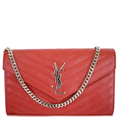 YVES SAINT LAURENT Matelasse Chevron Leather Envelope Chain Wallet Red