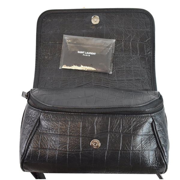 YVES SAINT LAURENT Niki Croc Embossed Leather Shoulder Bag Black
