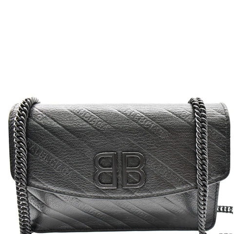 BALENCIAGA BB Logo Embossed Leather Chain Wallet Black