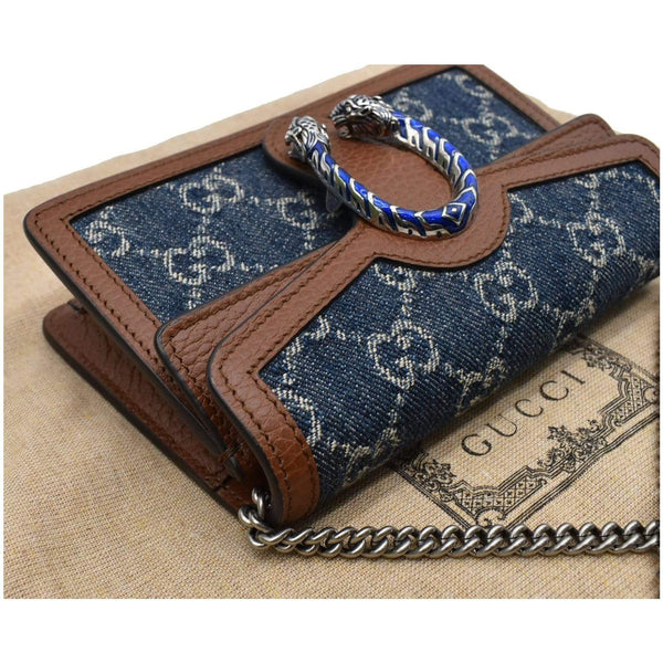 GUCCI Dionysus Super Mini GG Jacquard Denim Chain Shoulder Bag Dark Blue 476432