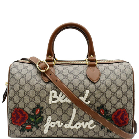 GUCCI Blind for Love Embroidered GG Supreme Canvas Boston Bag Maple Brown 409527