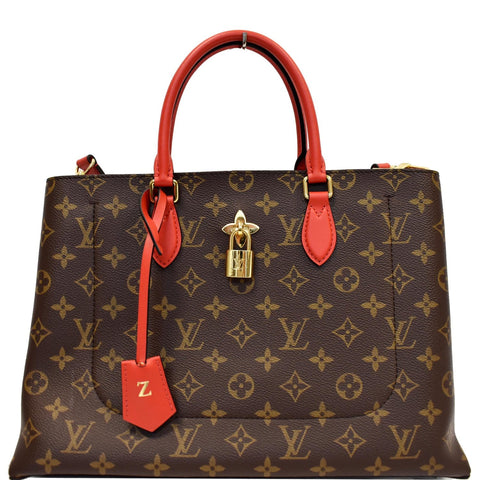 LOUIS VUITTON Flower Monogram Canvas Tote Shoulder Bag Brown/Red