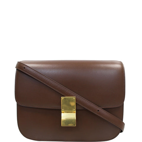CELINE Medium Classic Box Calfskin Flap Crossbody Bag Brown