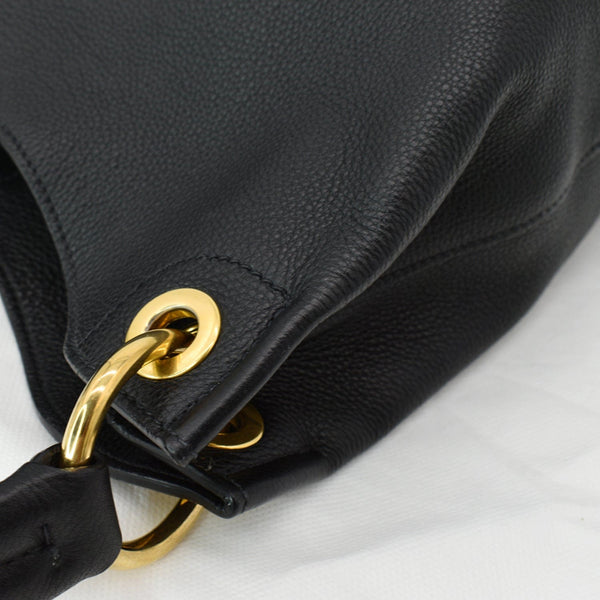 PRADA Vitello Phenix Leather Embossed Logo Hobo Bag Black