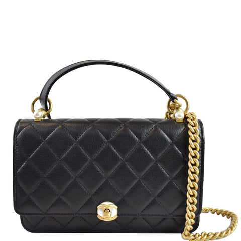 CHANEL Pearl Wallet On Chain Leather Crossbody Bag Black