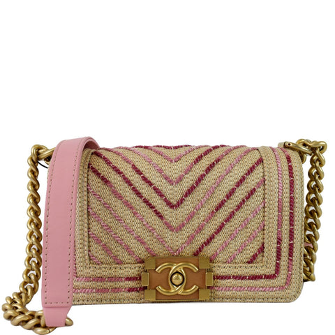 CHANEL Small Boy Chevron Cotton Mixed Fibers Shoulder Bag Pink