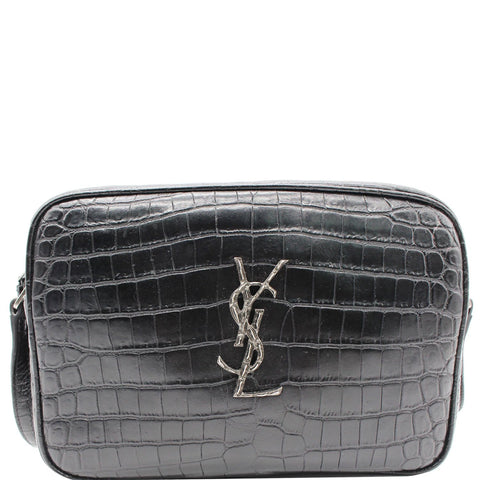 YVES SAINT LAURENT Lou Crocodile Embossed Leather Camera Crossbody Bag Black