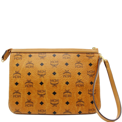 MCM Visetos Monogram Coated Canvas Wristlet Zip Pouch Cognac