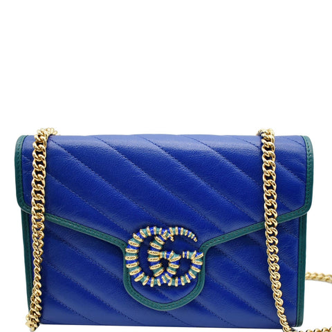 GUCCI GG Marmont Mini Matelasse Leather Chain Crossbody Bag Blue 573807