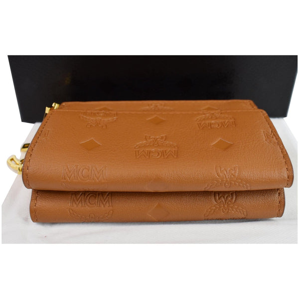 MCM Klara Trifold Mini Monogram Leather Charm Wallet Cognac