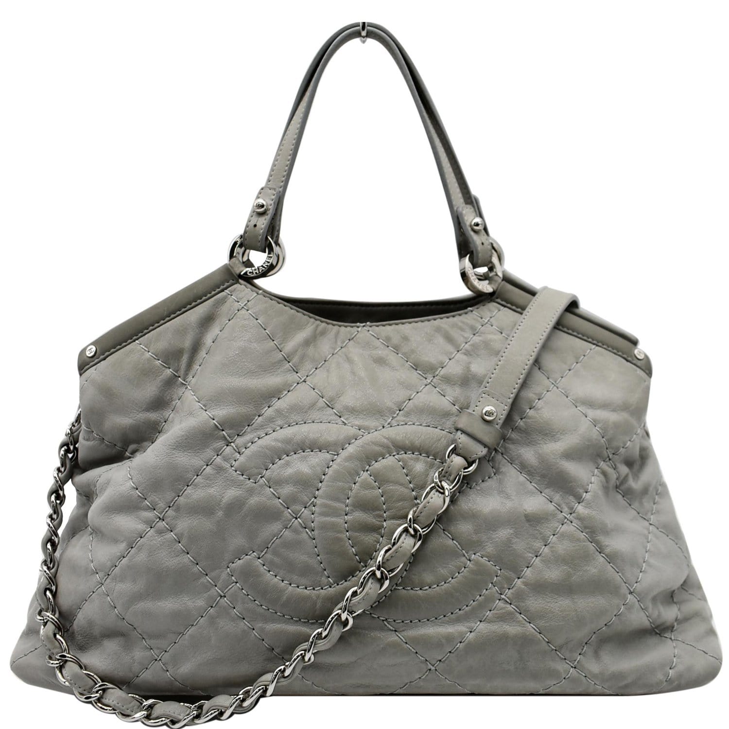 Chanel Wild Stitch CC Lambskin Leather Satchel Bag Light Grey
