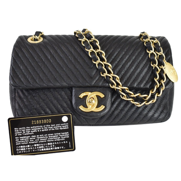CHANEL Surpique Chevron Calfskin Classic Flap Shoulder Bag Black