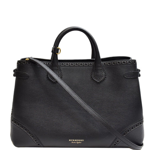 BURBERRY Large Banner Calfskin House Check Leather Tote Shoulder Bag Black