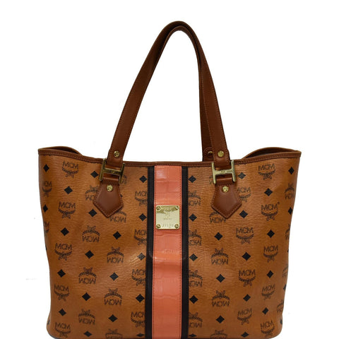 MCM Visetos Rudic Canvas Shopper Tote Bag Cognac Orange