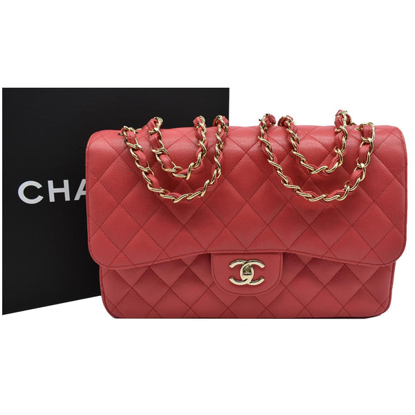 CHANEL Classic Medium Double Flap Caviar Leather Shoulder Bag Rose Pink