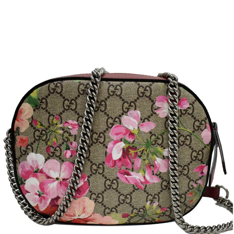GUCCI GG Supreme Monogram Blooms Print Mini Chain Crossbody Bag Beige