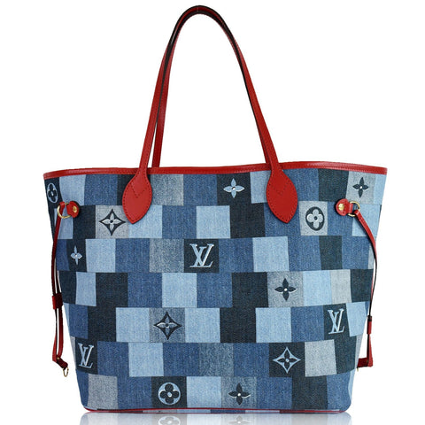 LOUIS VUITTON Neverfull MM Patchwork Monogram Denim Shoulder Bag Blue