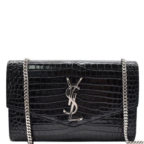 YVES SAINT LAURENT Uptown Crocodile-Embossed Crossbody Chain Wallet Black