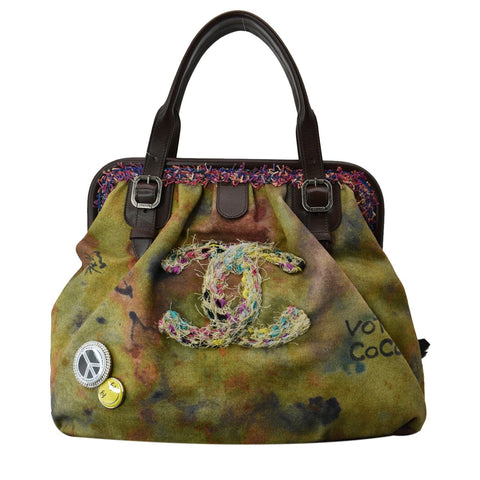 CHANEL Graffiti On-The-Pavement Canvas Bowling Bag Khaki Washed