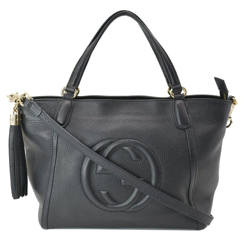 GUCCI Soho Tassel Pebbled Leather Top Handle Crossbody Bag Black 369176