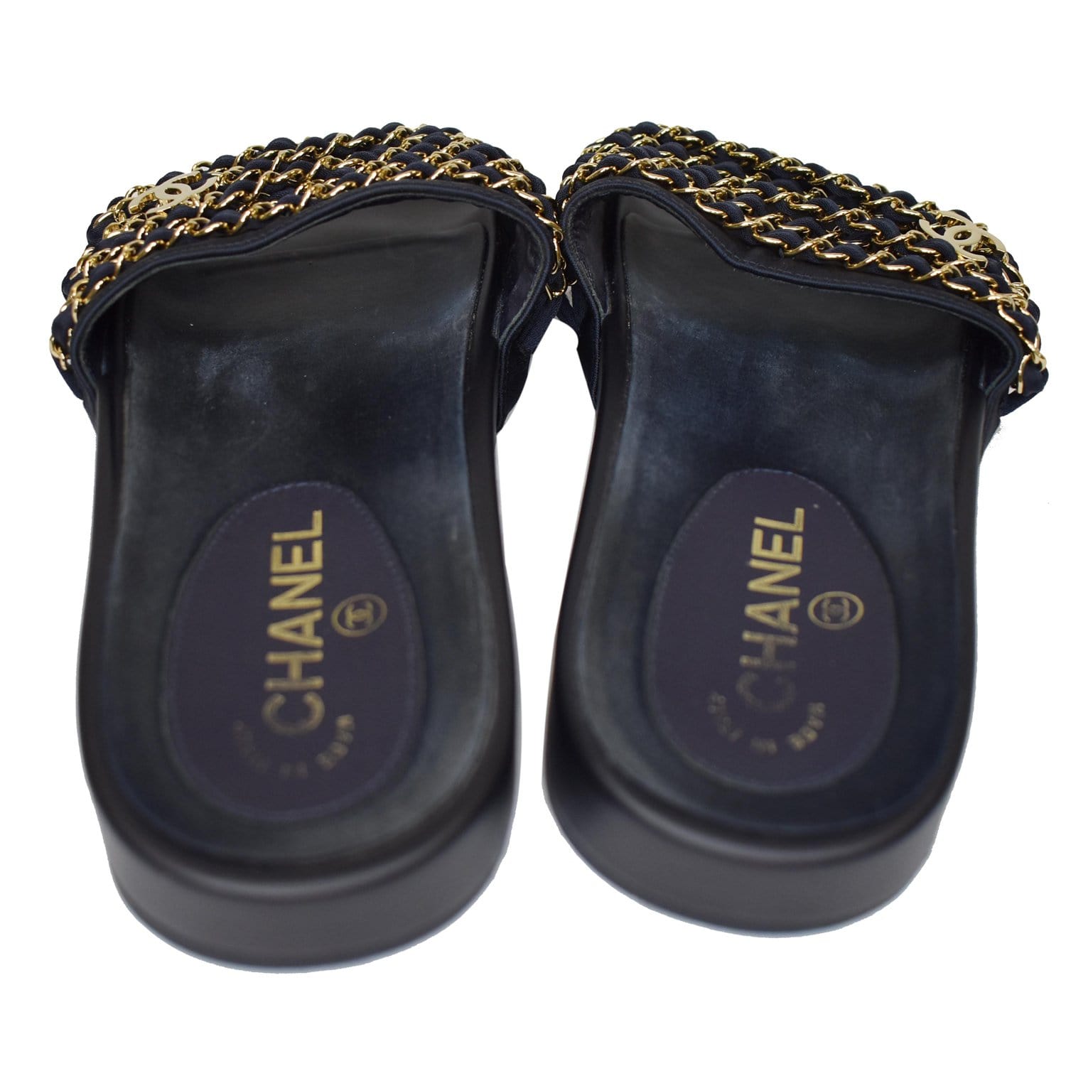 CHANEL Tropiconic Chain Fabric Mules Slides Sandals Black US 8
