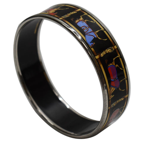 HERMES Enamel Printed Horse Riding Motif Wide Bangle Bracelet Multi
