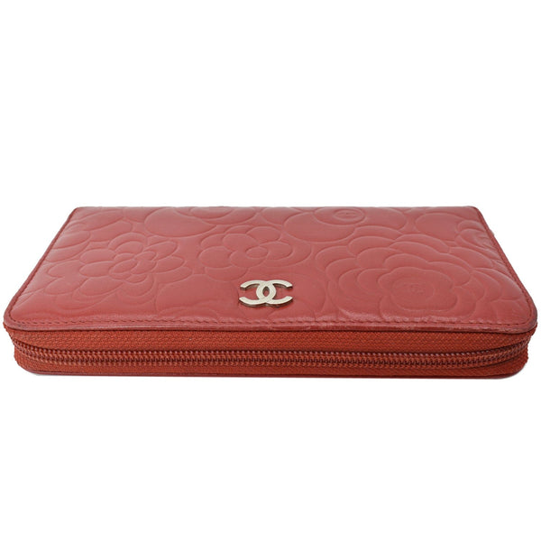 CHANEL Zippy Camellia Embossed Leather Wallet Red