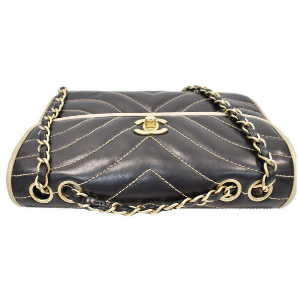 CHANEL Chevron Contrast Quilted Lambskin Flap Shoulder Bag Black