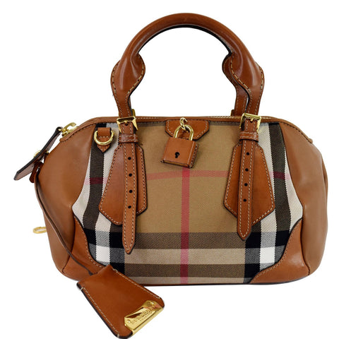 BURBERRY Blaze House Check and Leather Satchel Bag Brown