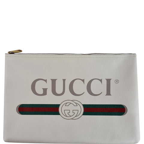 GUCCI Pebbled Leather Medium Logo Portfolio Clutch White 500984 - Last Call
