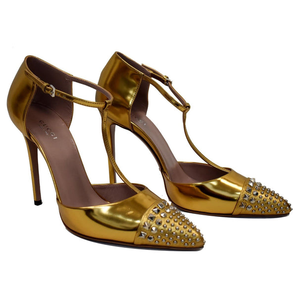 Gucci Studded T-Strap Metallic Leather Heel Pumps Gold for women