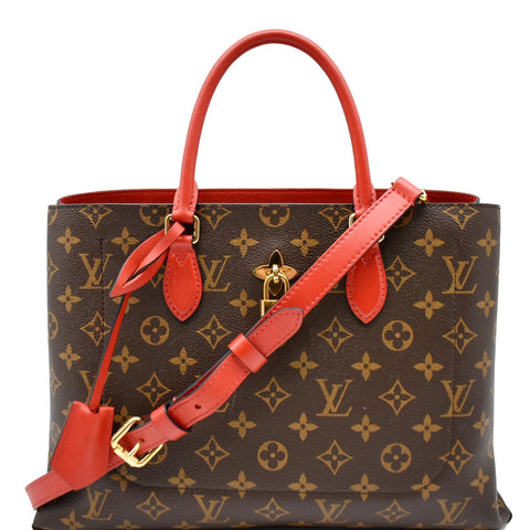 LOUIS VUITTON Flower Monogram Canvas Tote Shoulder Bag Red