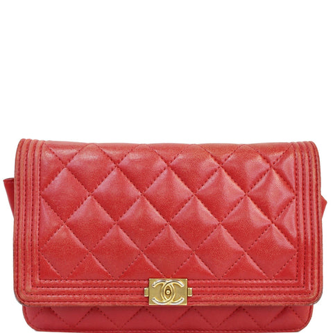 CHANEL Boy Woc Lambskin Leather Wallet On Chain Clutch Bag Red