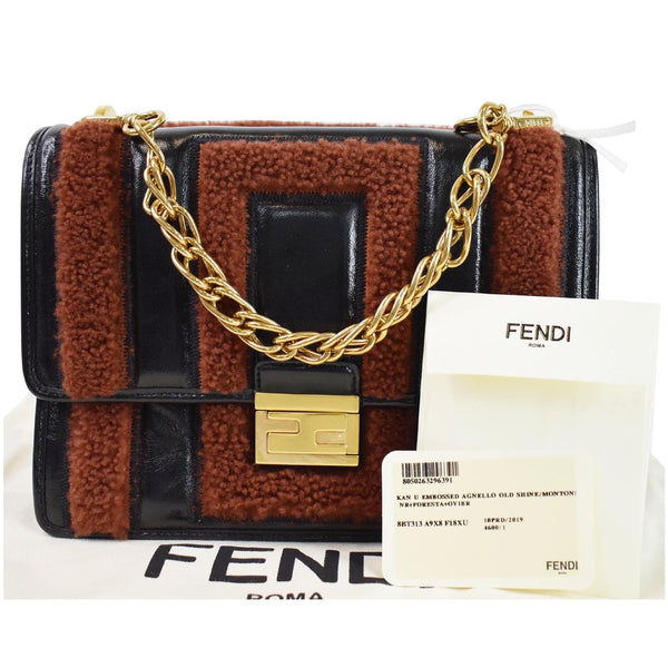 FENDI Kan U Medium Shearling Patent Leather Shoulder Bag Brown