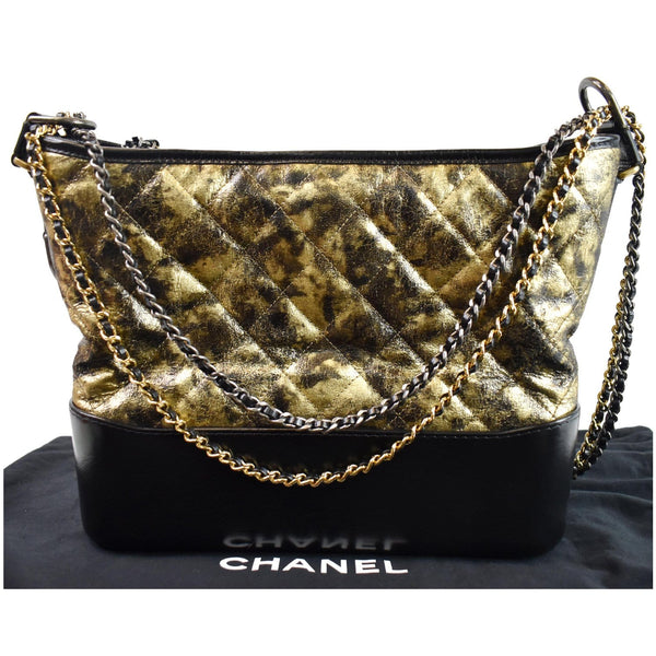 CHANEL Gabrielle Metallic Crumpled Leather Hobo Shoulder Bag Black/Gold