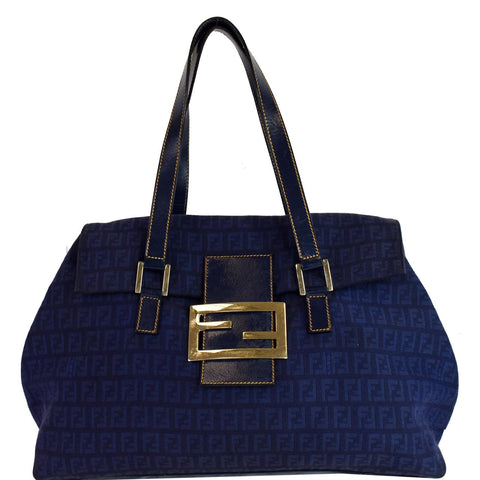 FENDI Zucchino Mamma Monogram Canvas Shoulder Bag Blue - Last Call