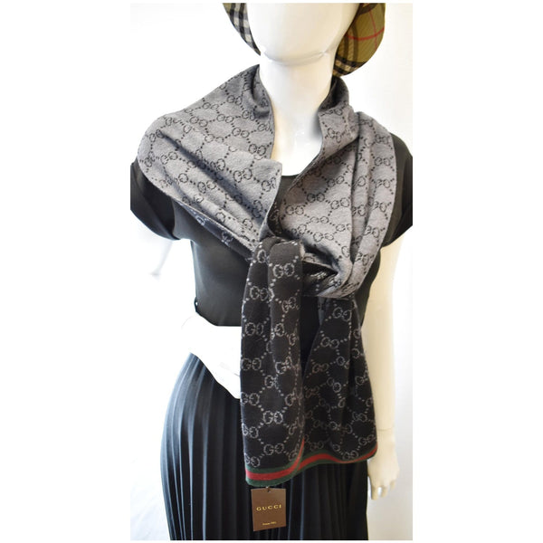 GUCCI Web GG Jacquard Knitted Scarf Wool Silk Grey