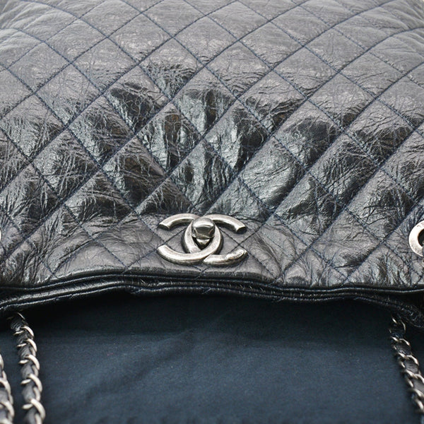 CHANEL Glazed Aged Calfskin Distressed Tote Shoulder Bag Blue