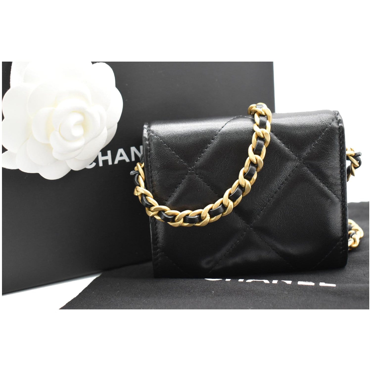 Chanel Black Quilted Lambskin Flap Coin Purse With Chain Gold
