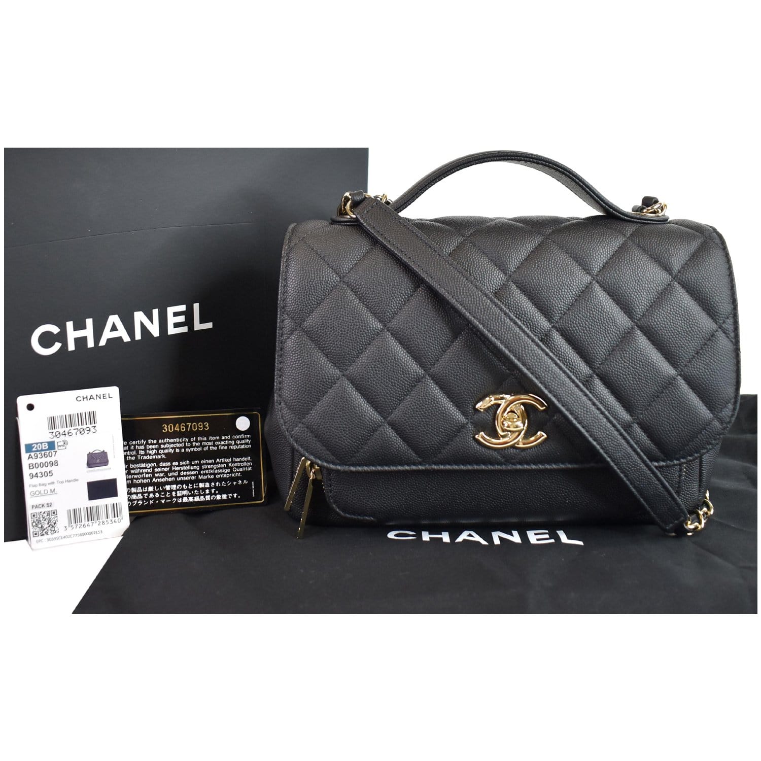 CHANEL Quilted Caviar Gold Top Handle Medium Flap Bag Black