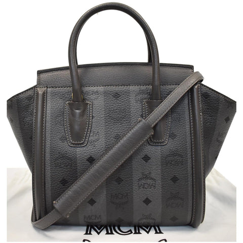 MCM Kathy Visetos Logo Printed Leather Tote Shoulder Bag Grey